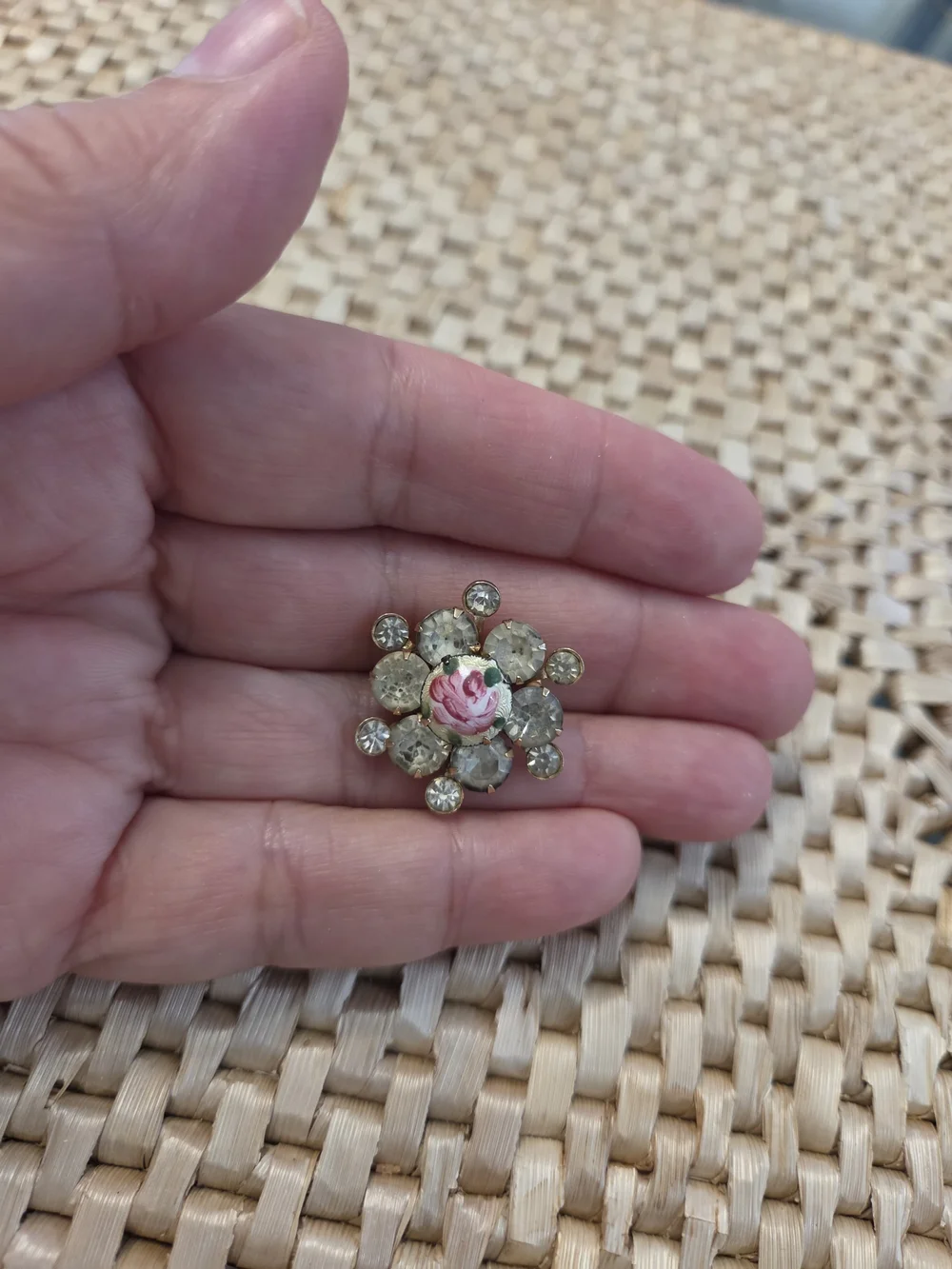 Gold-Tone Floral Crystal Brooch with Pink Rose Center